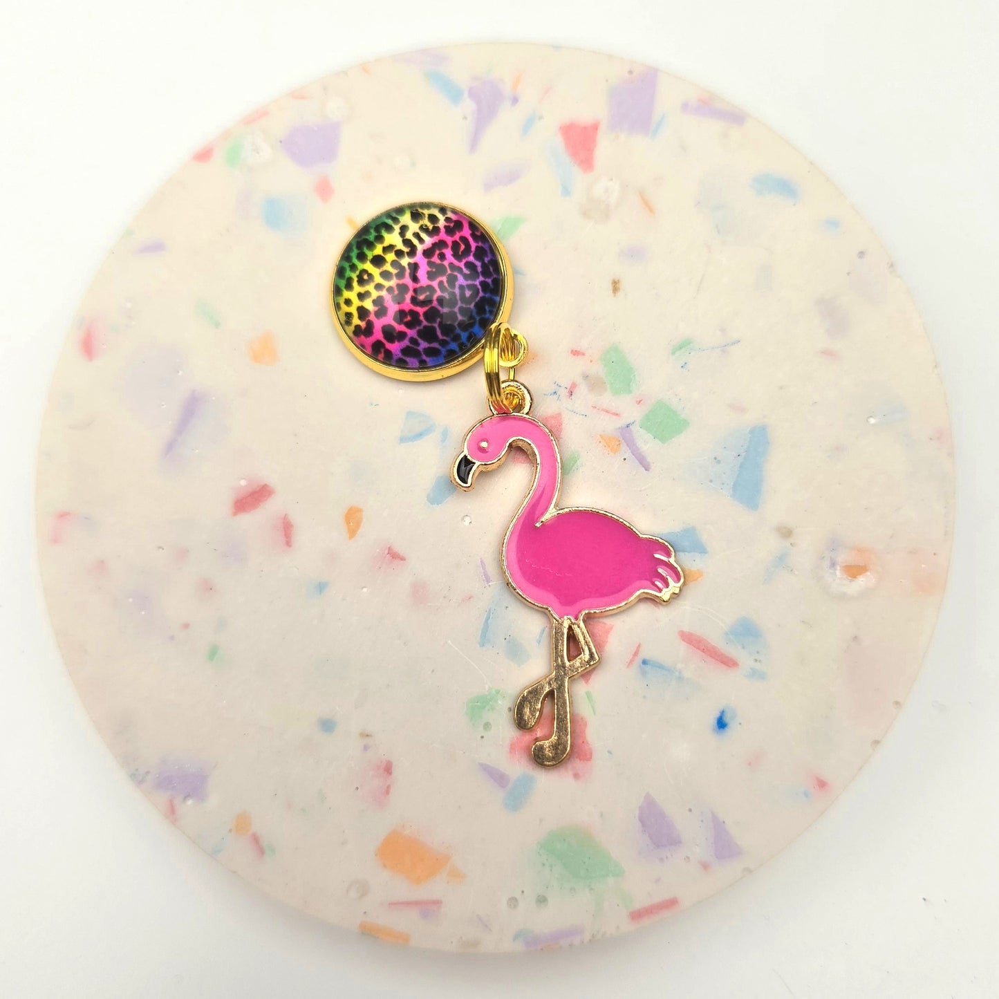 Bold animal Print top with large flamingo Charm Dangly