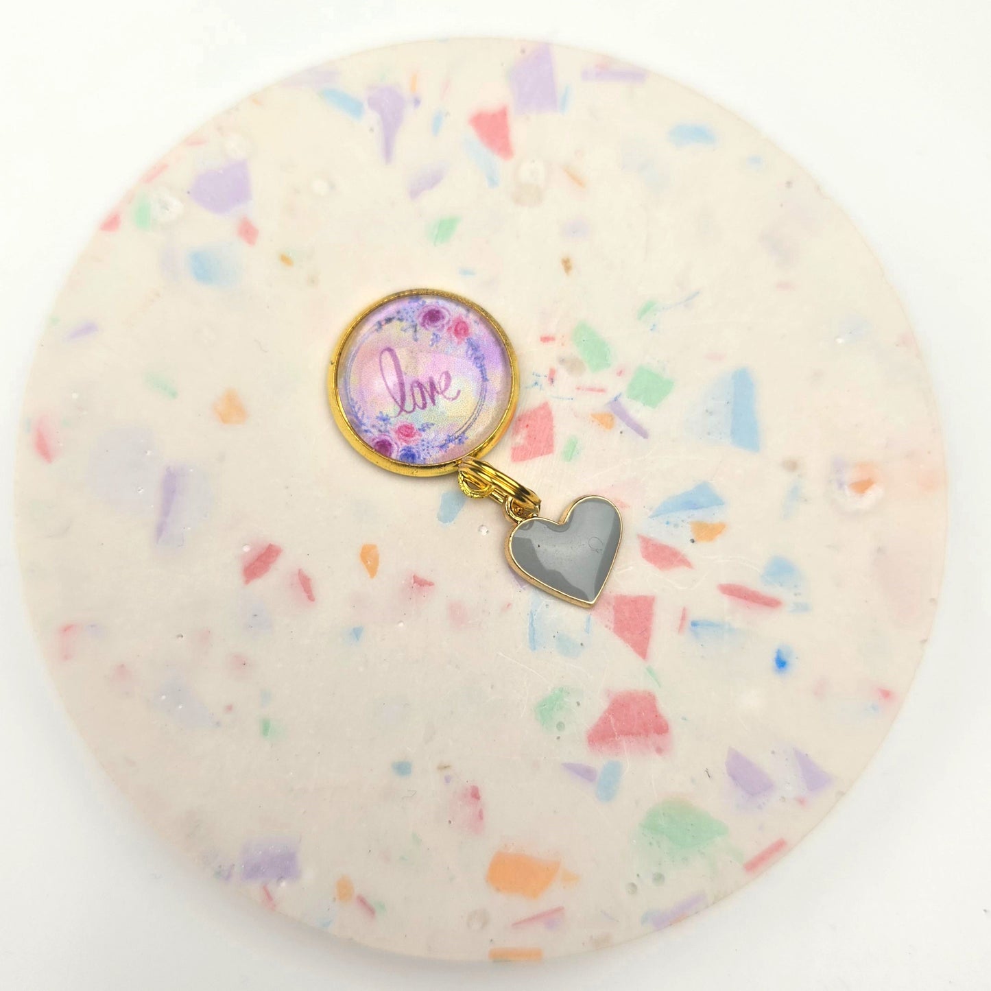 Discontinued Love image with a grey heart Charm Dangly
