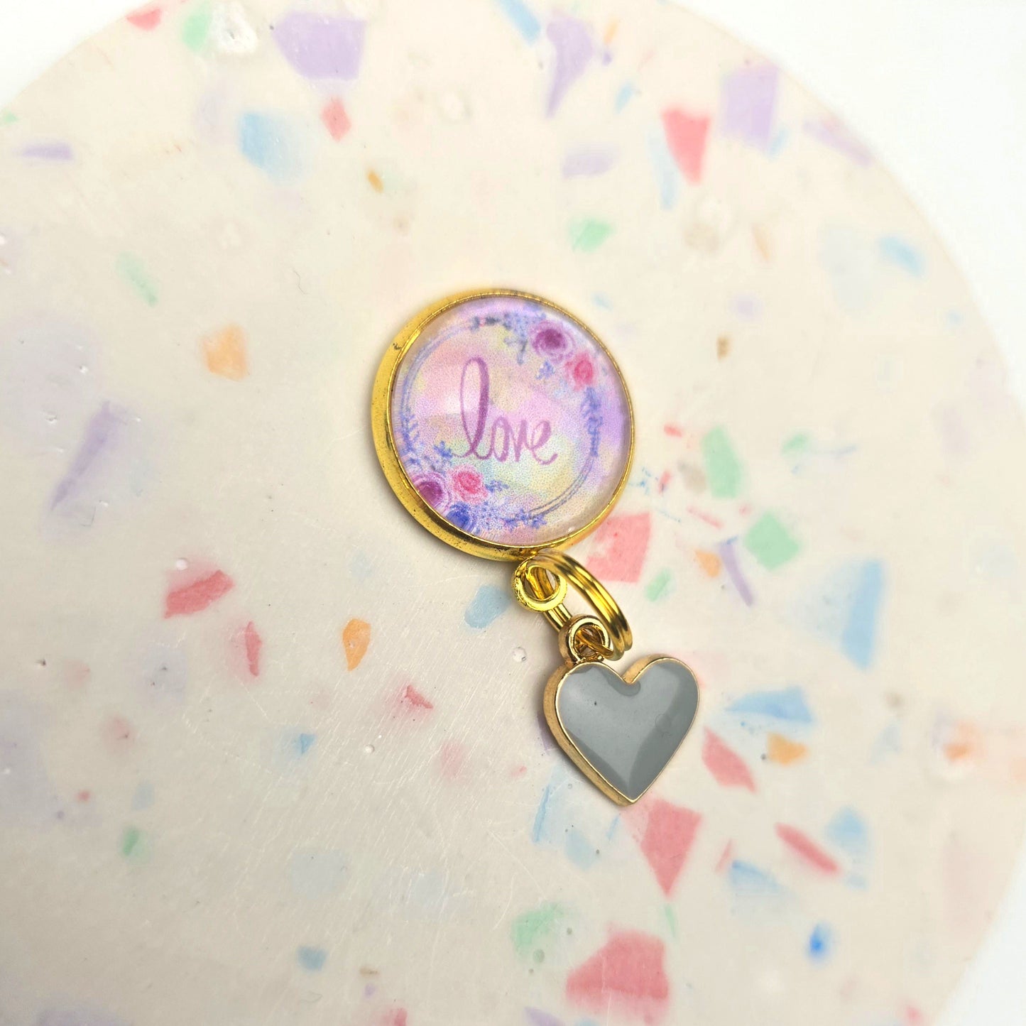 Discontinued Love image with a grey heart Charm Dangly
