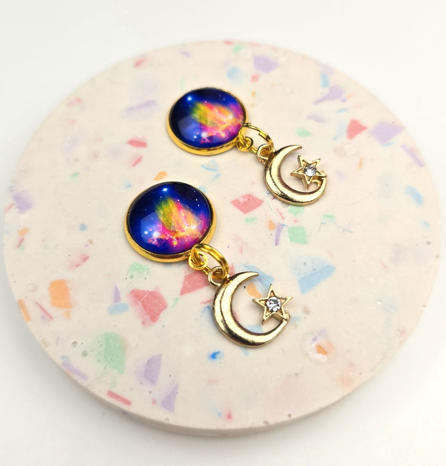 Bright Outer space with Moon Charm Dangly