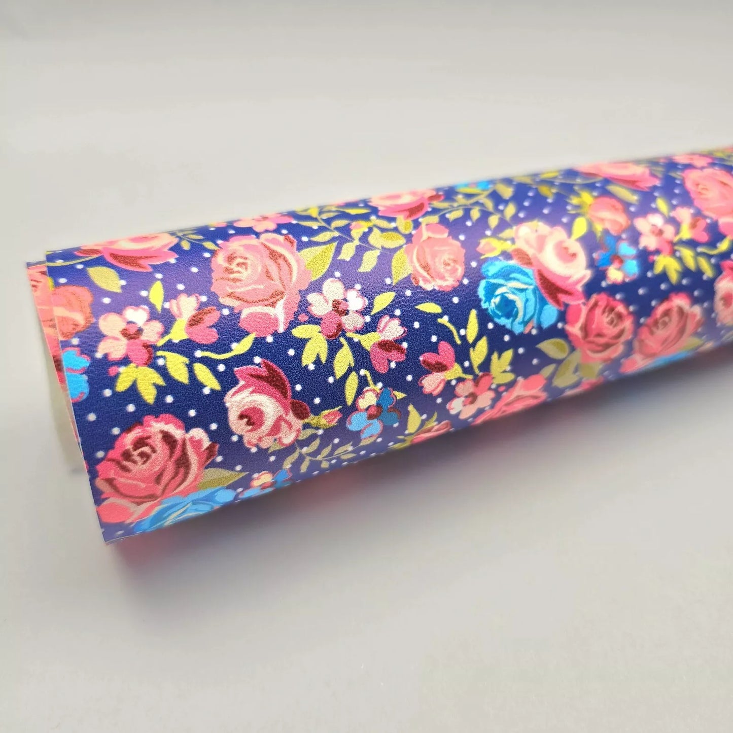 Discontinued Hair Bow Making Fabric. Soft Faux Leather. Pink Flowers on Navy.