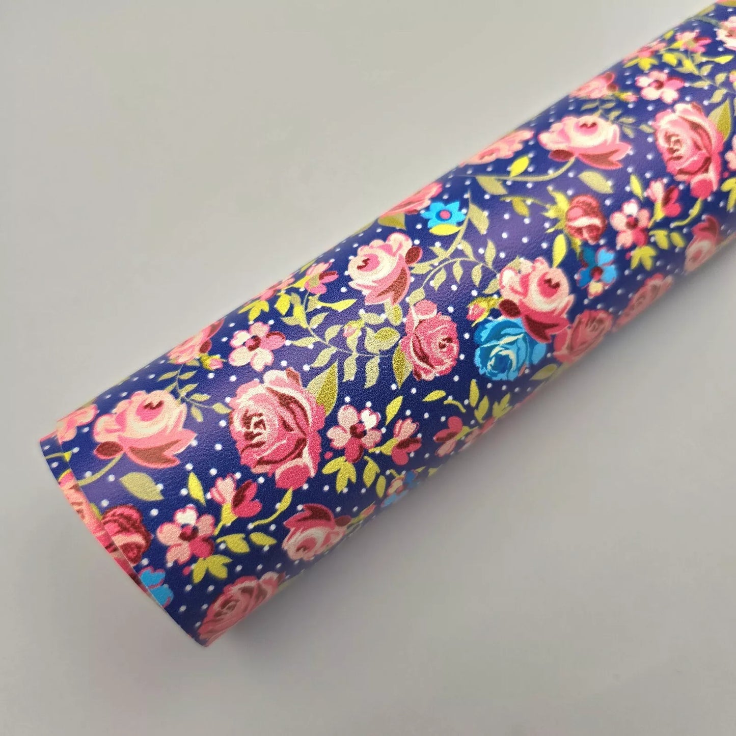 Discontinued Hair Bow Making Fabric. Soft Faux Leather. Pink Flowers on Navy.