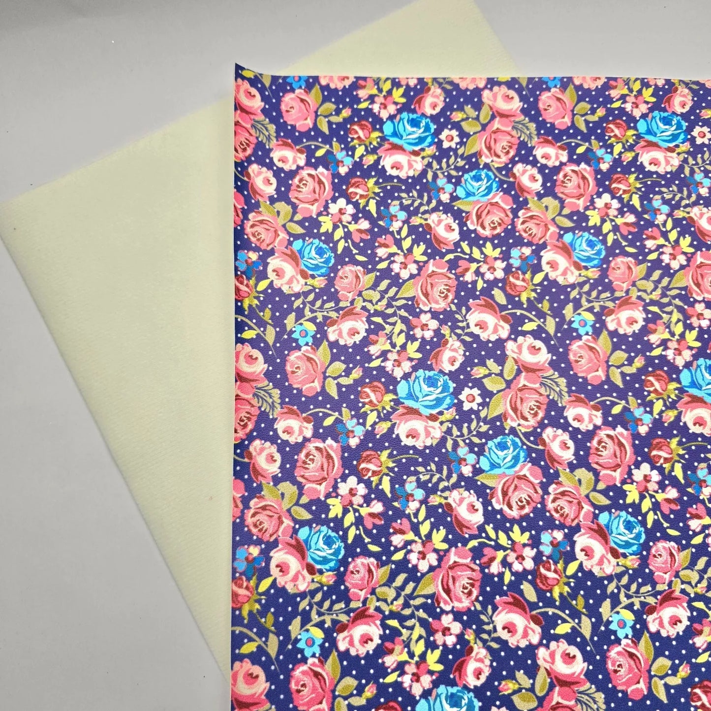 Discontinued Hair Bow Making Fabric. Soft Faux Leather. Pink Flowers on Navy.
