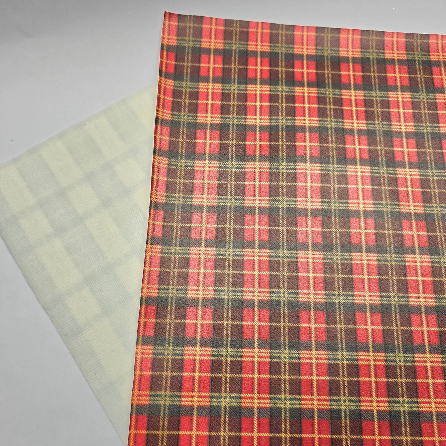 Discontinued Hair Bow Making Fabric. Soft Faux Leather. Red and Gold tartan.