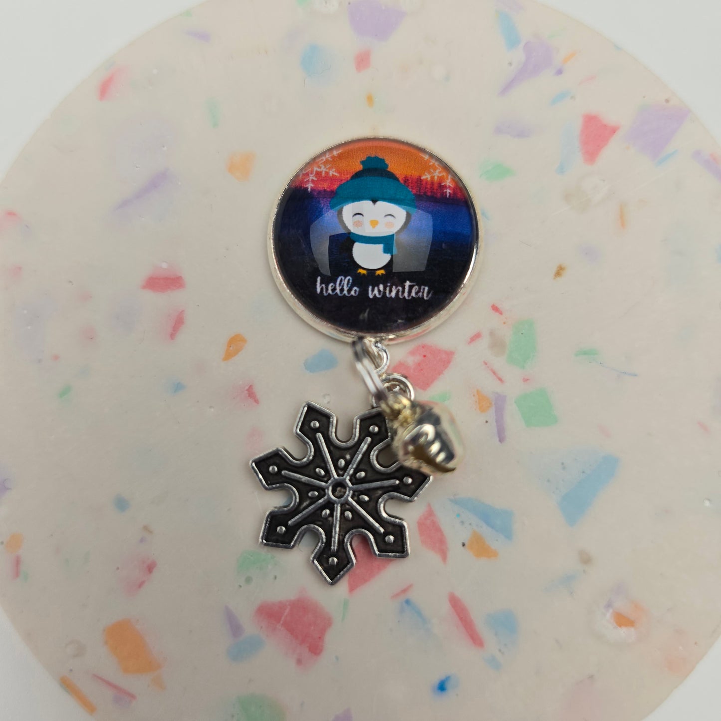 Hello Winter penguin and snowflake charm and bell Dangly