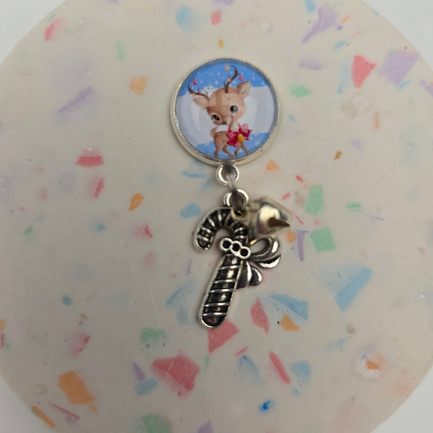 Sweet little reindeer with candy cane and bell charm Dangly