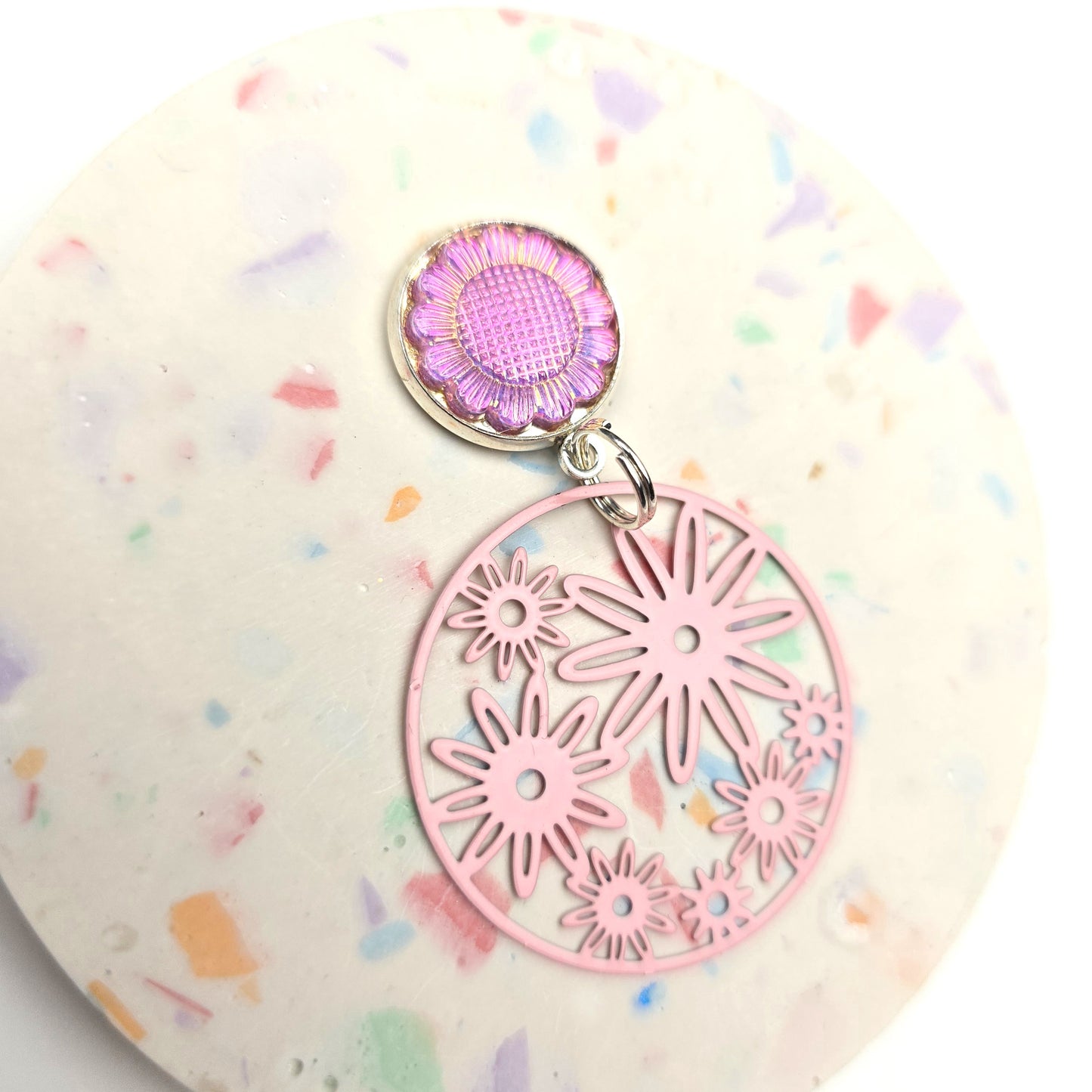 Pink Daisy Big Circle Charm Dangly