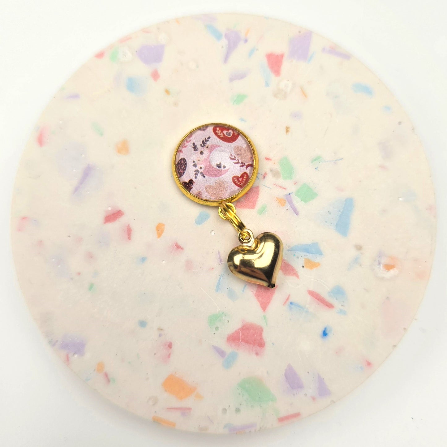 Boho Pink Pattern with Gold Heart Charm Dangly