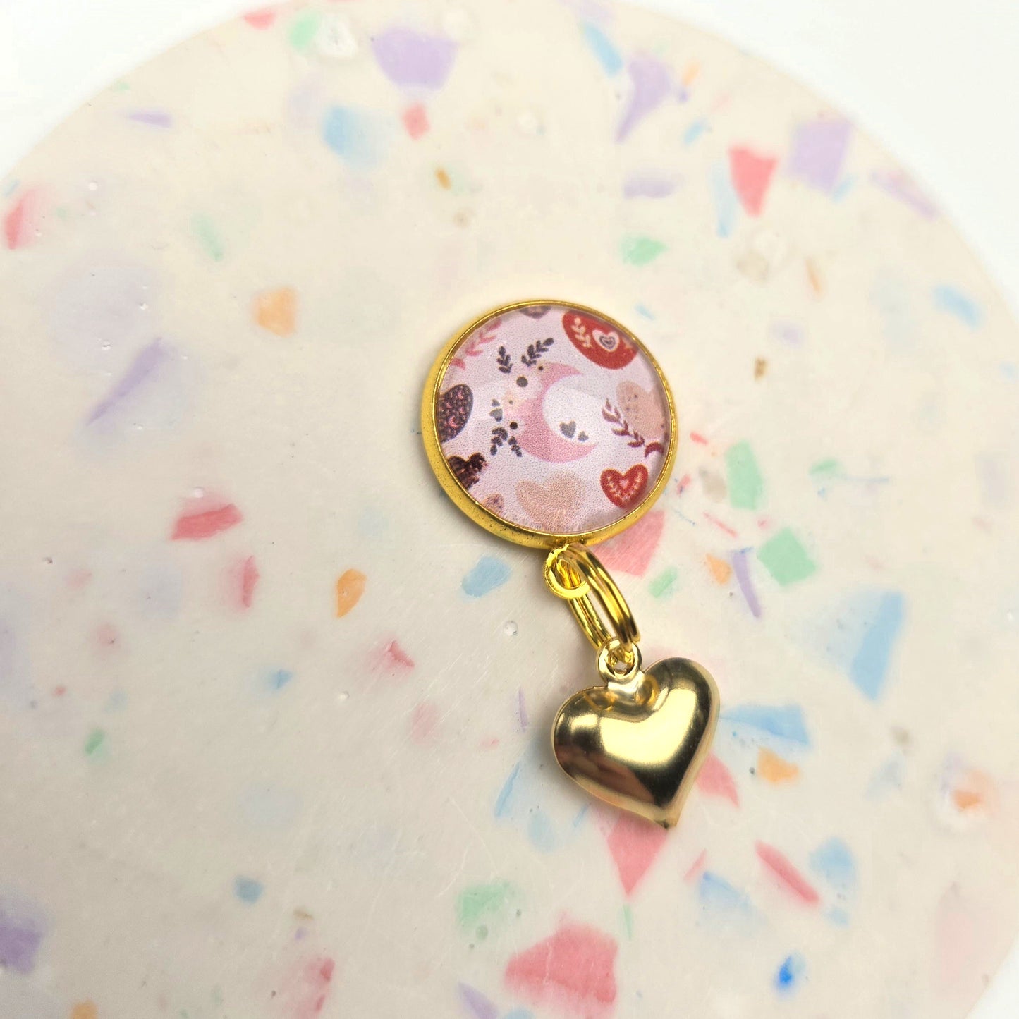 Boho Pink Pattern with Gold Heart Charm Dangly