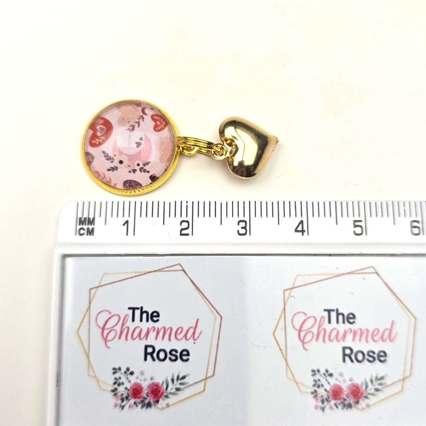 Boho Pink Pattern with Gold Heart Charm Dangly