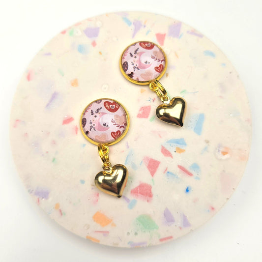 Boho Pink Pattern with Gold Heart Charm Dangly