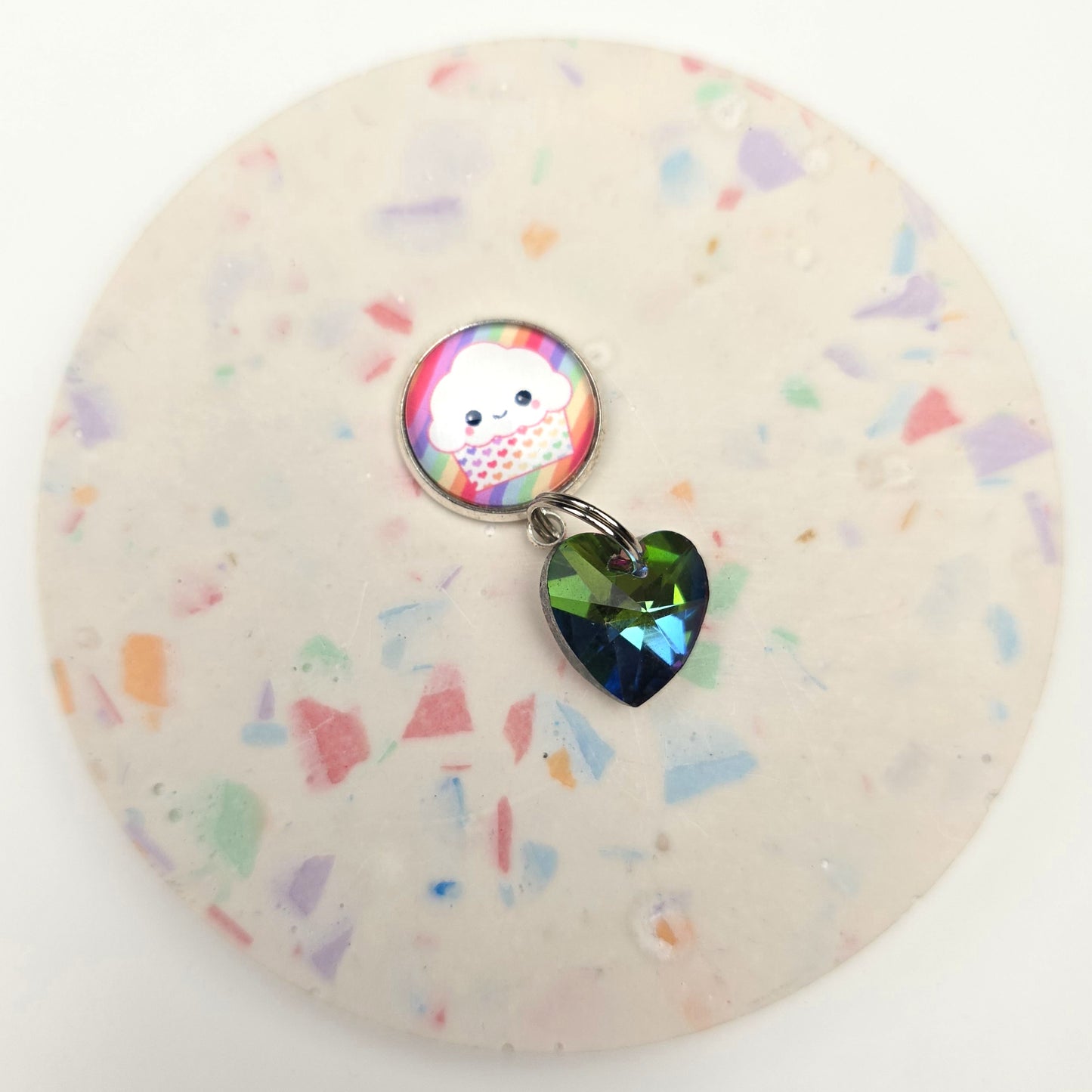 Rainbow cupcake with glass heart Charm Dangly