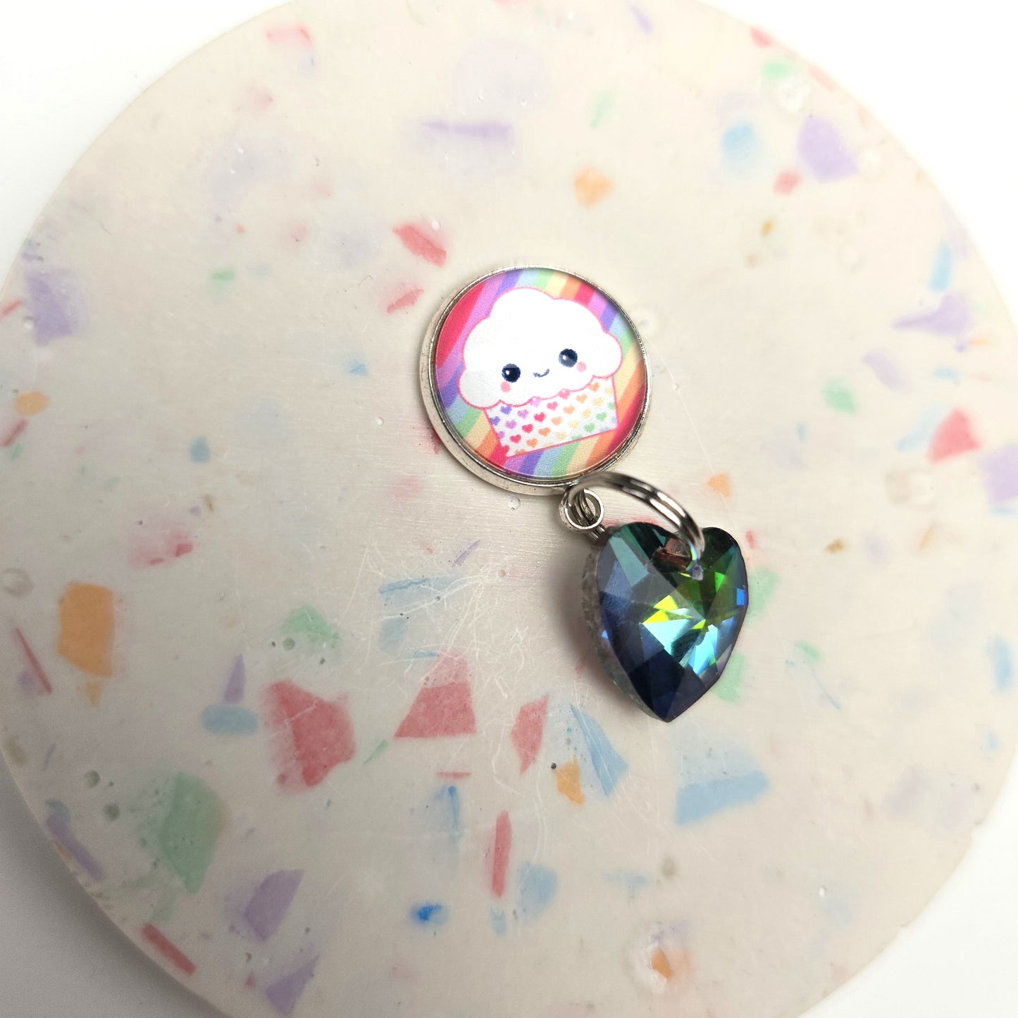 Rainbow cupcake with glass heart Charm Dangly