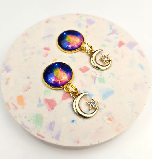 Bright Outer space with Moon Charm Dangly