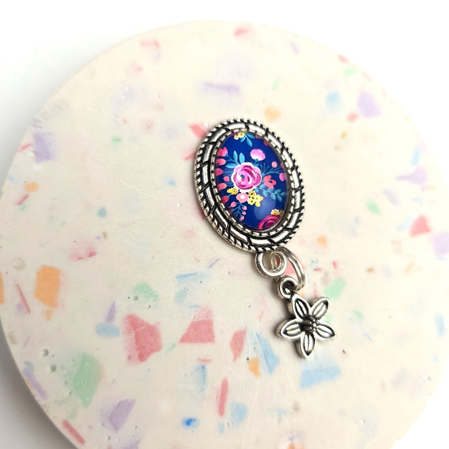 Oval Blue Floral Charm Dangly