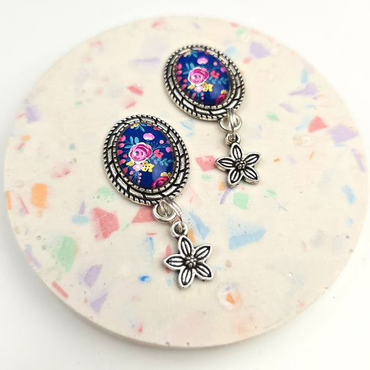 Oval Blue Floral Charm Dangly