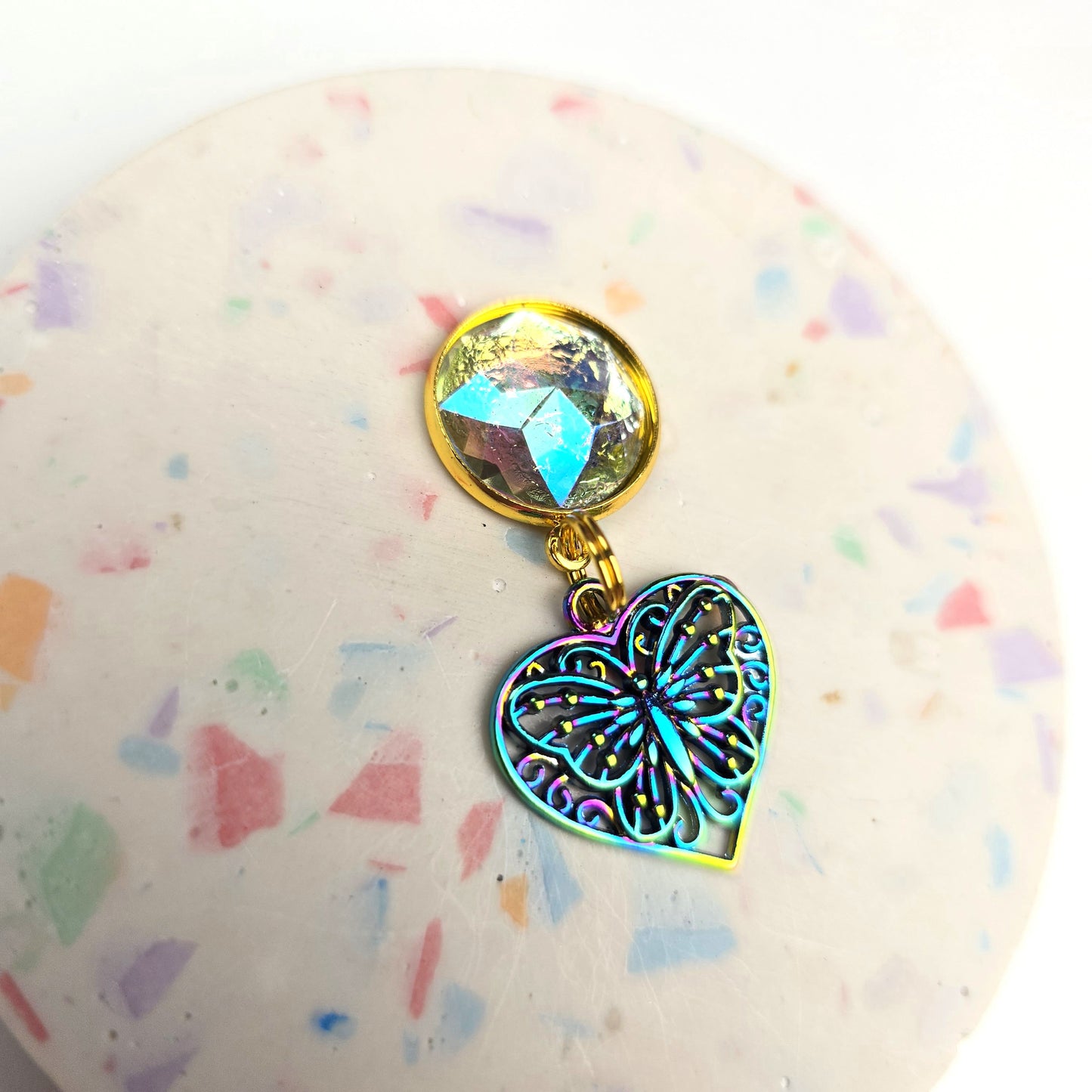 Oil Slick Delicate Butterfly Heart Charm Dangly