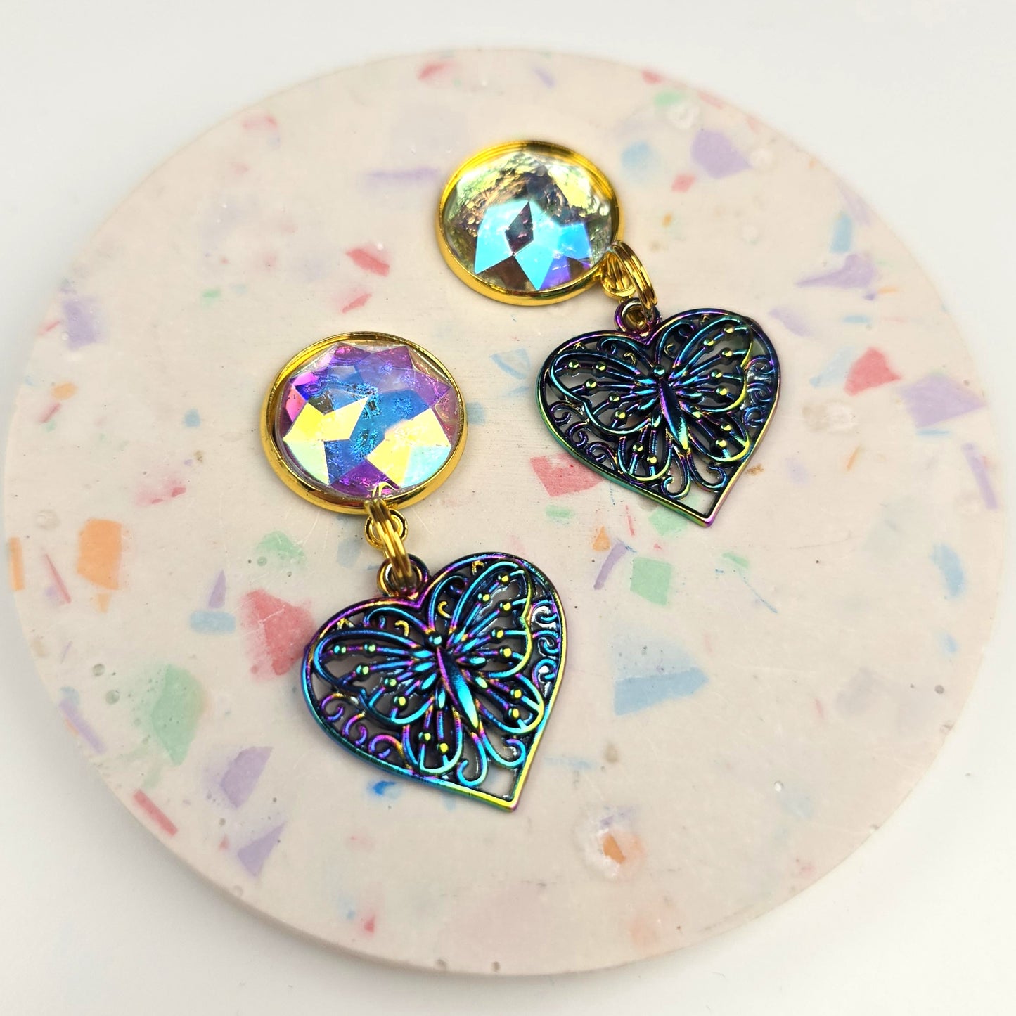 Oil Slick Delicate Butterfly Heart Charm Dangly