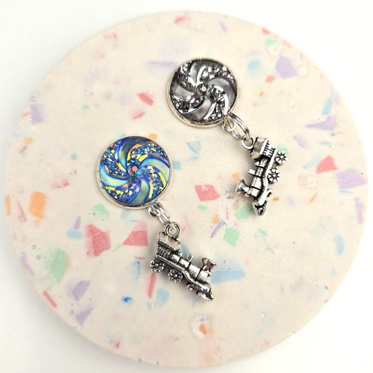 Blue or Silver swirl Train charm Dangly