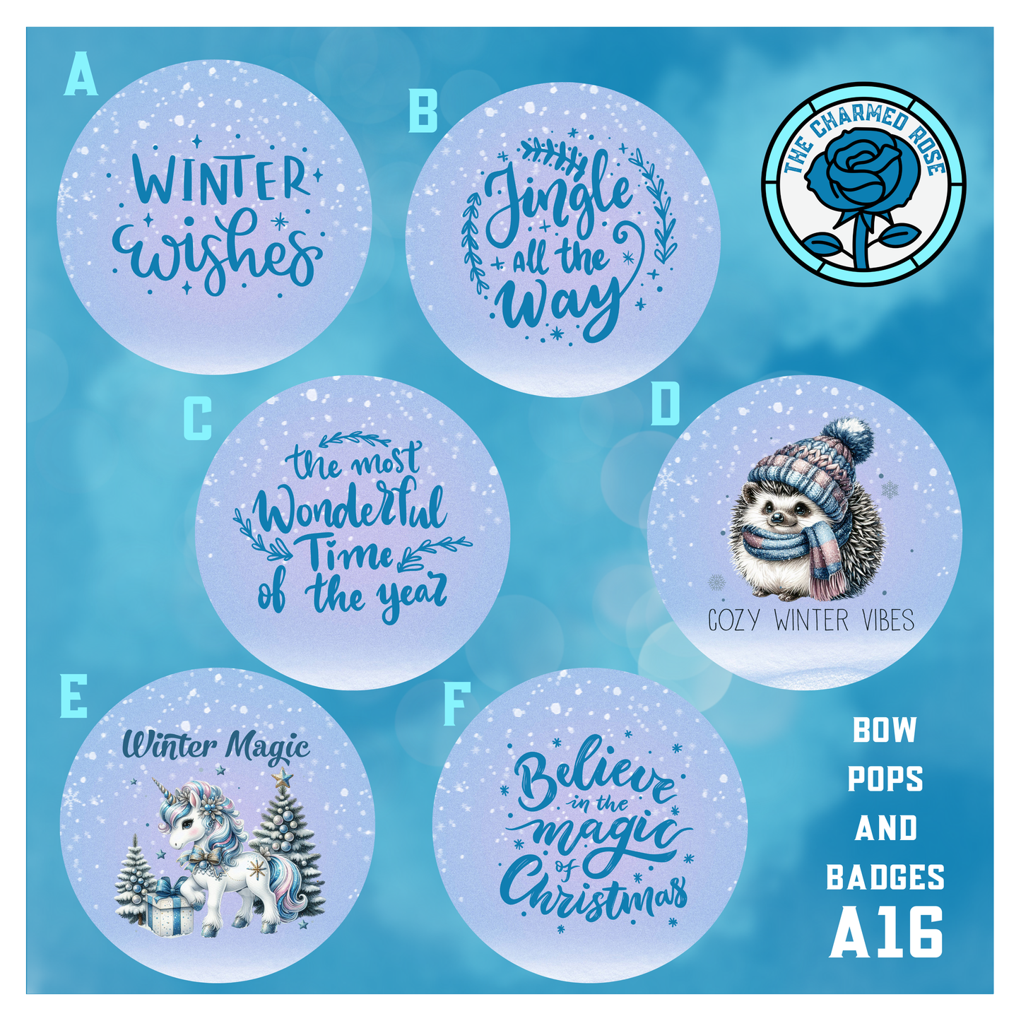 Snowy Blue Christmas - Bow Pops & Badges (A16)