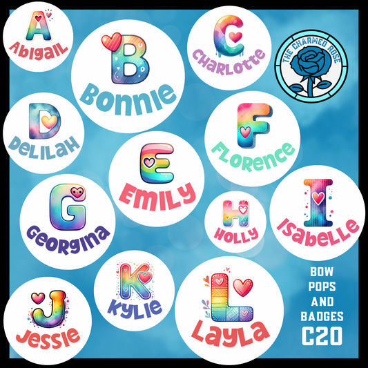 Rainbow Love initials (A-L) - Bow Pops & Badges (C20)