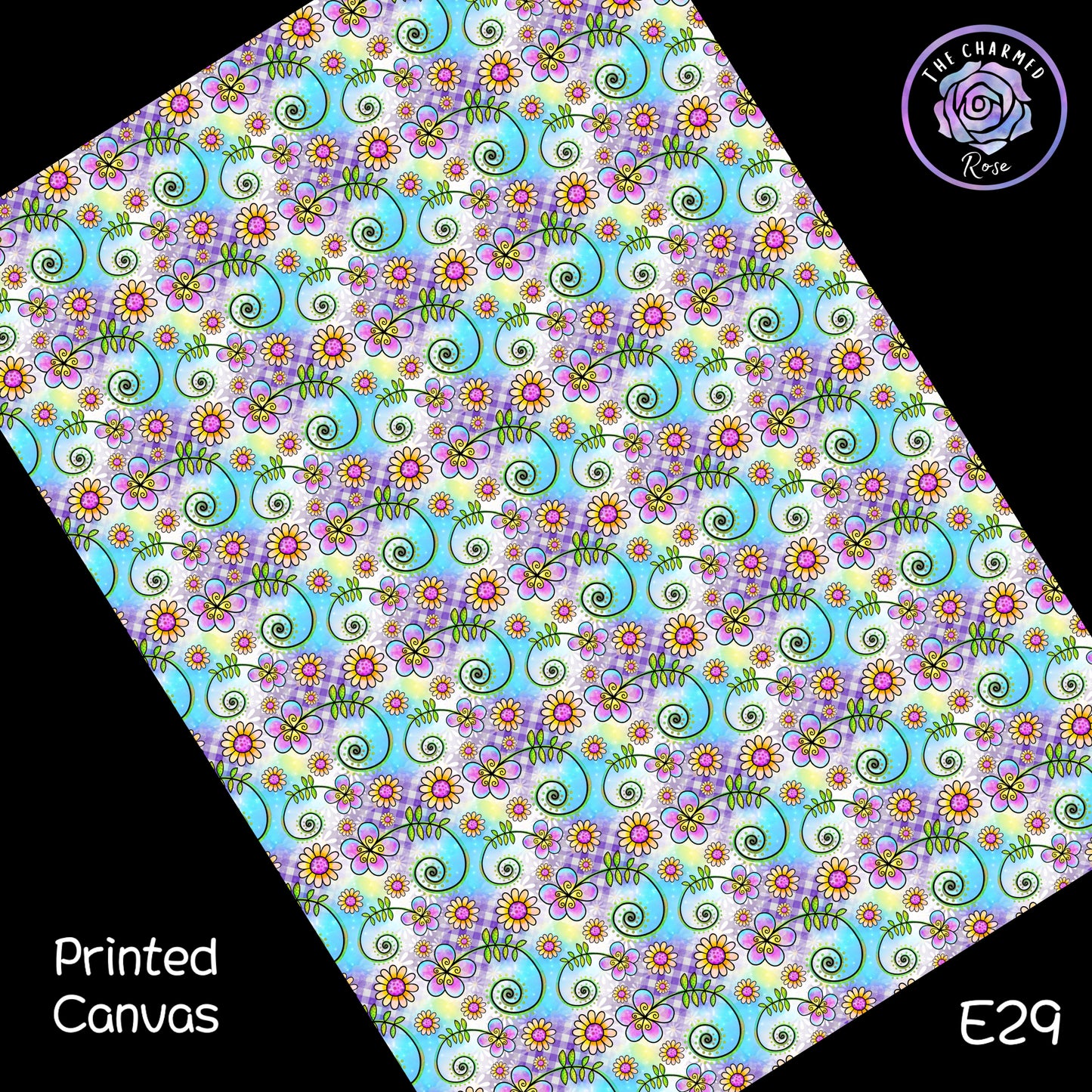 Purple Gingham floral on blue - Printed Canvas