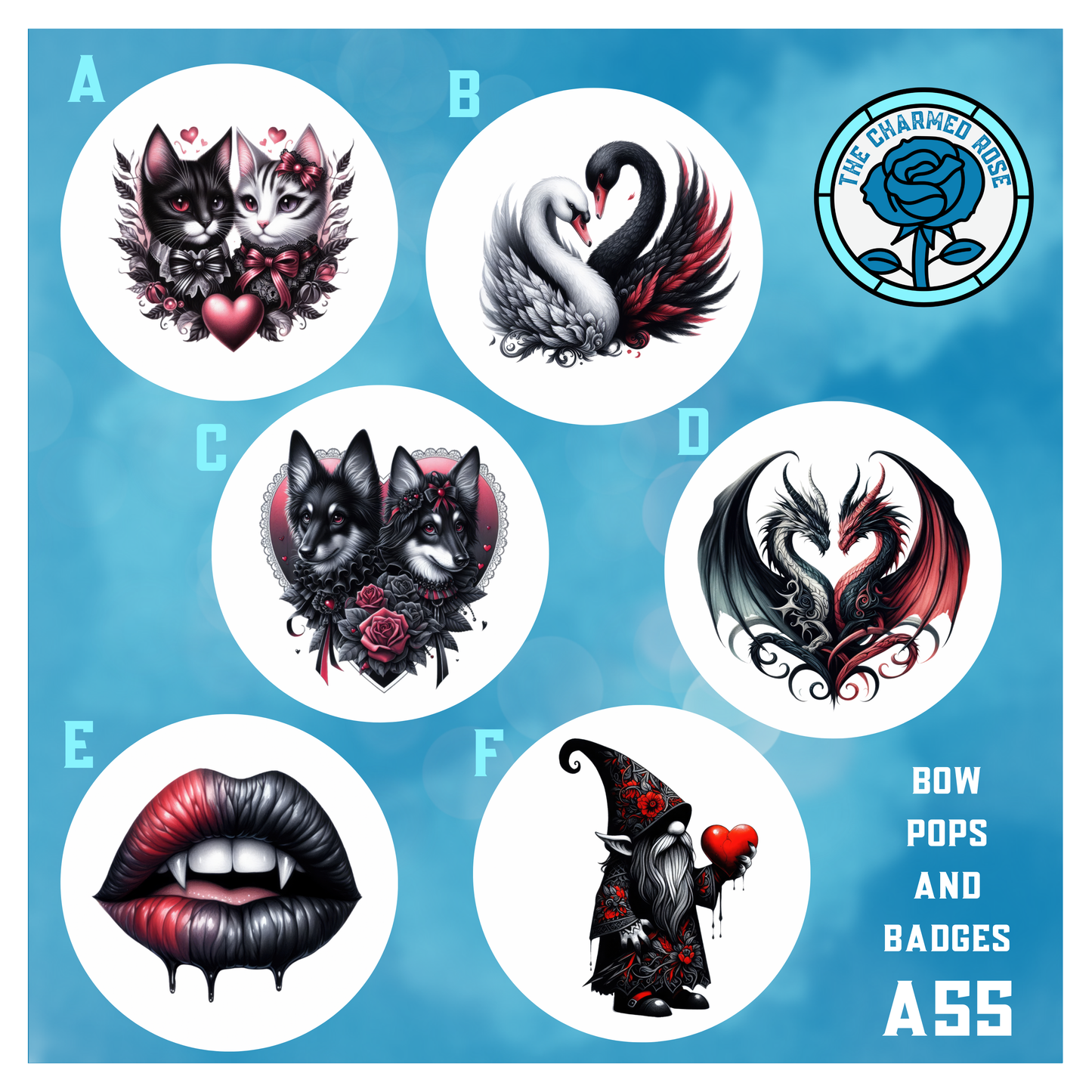 Bow pops or badges - Goth/alt Valentine’s Day (A55)