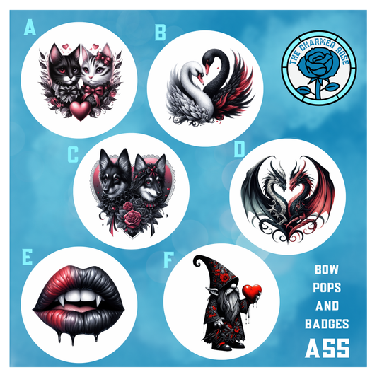 Bow pops or badges - Goth/alt Valentine’s Day (A55)