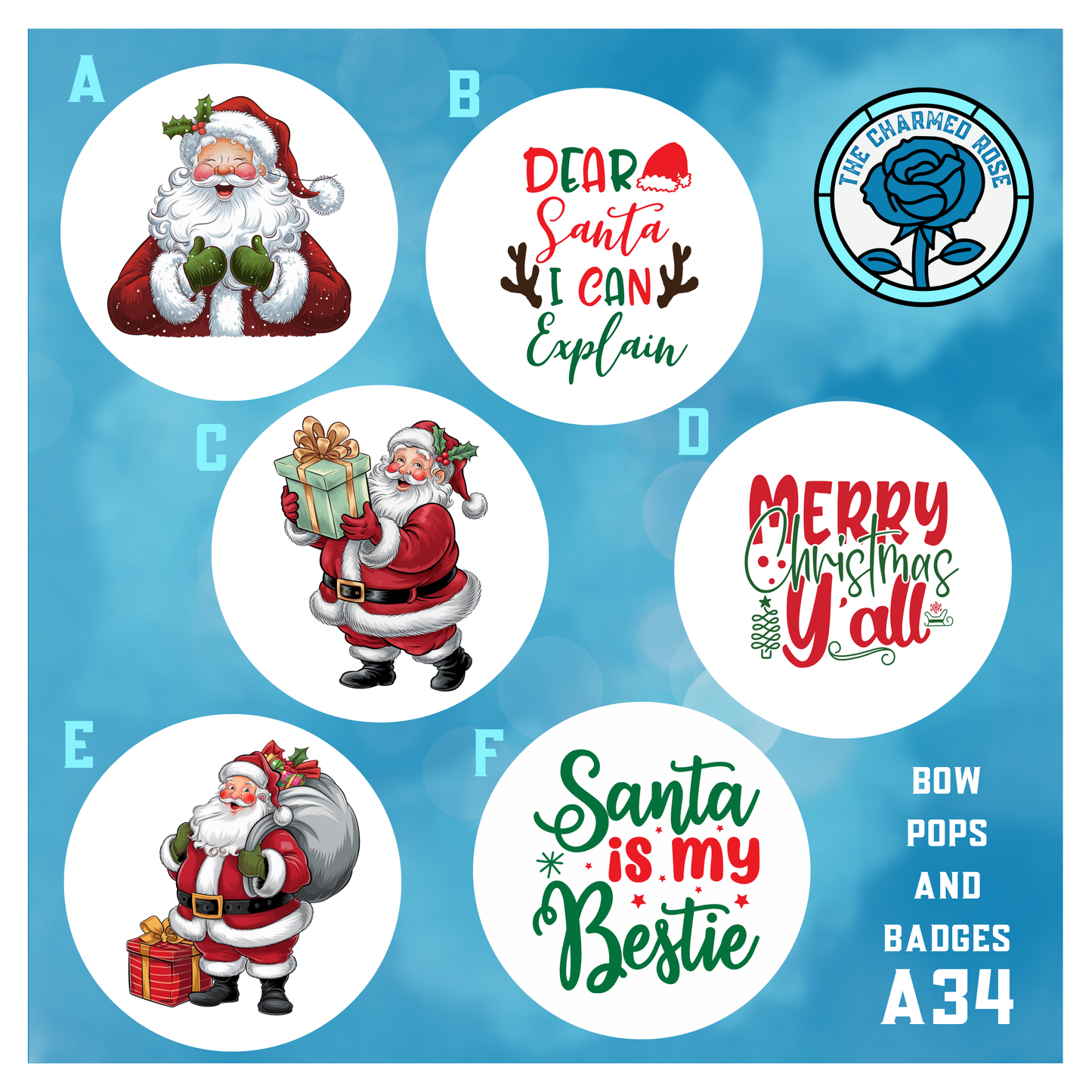 Cute Christmas Santa - Bow Pops & Badges (A34)