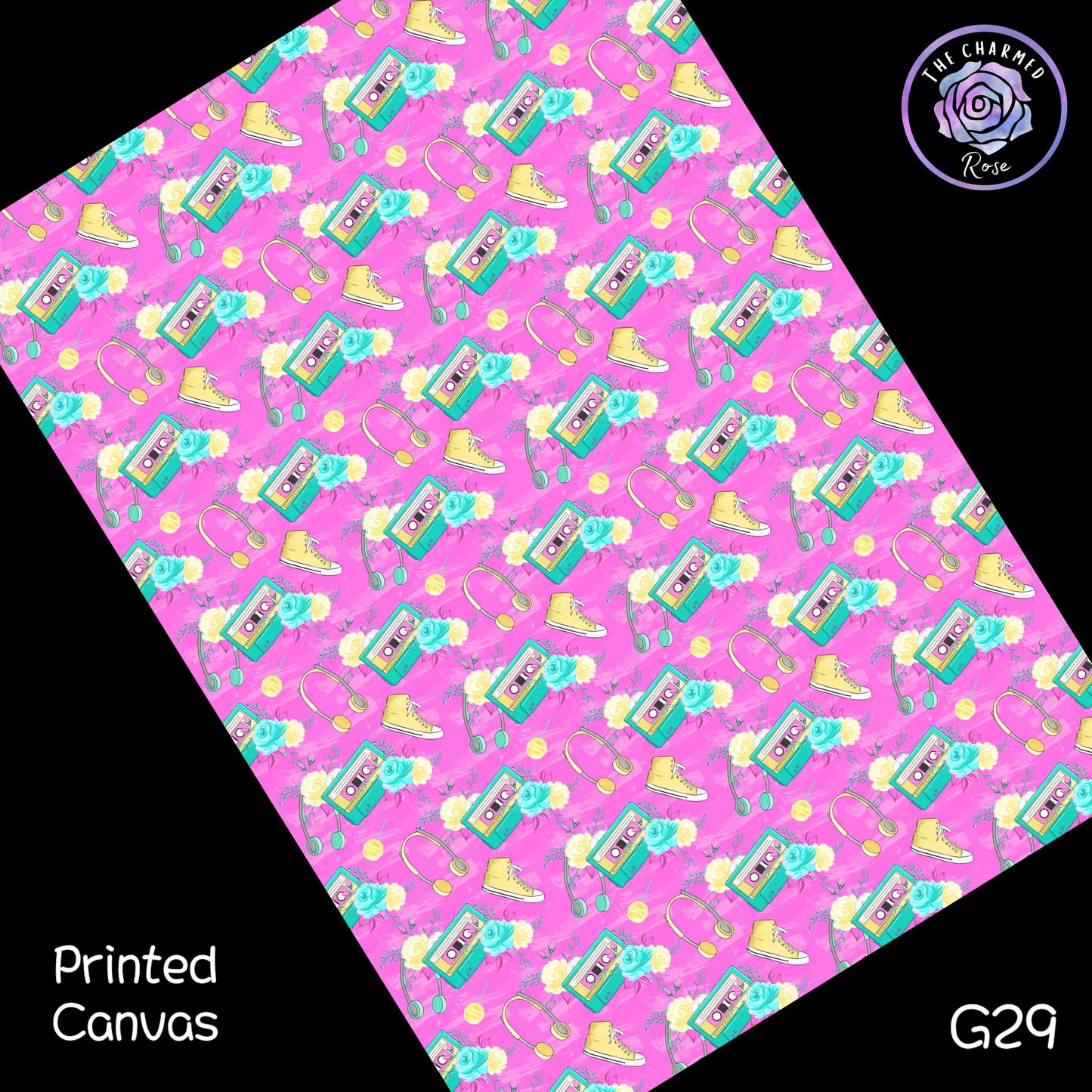 Retro Music Pattern on bright pink - Printed Canvas