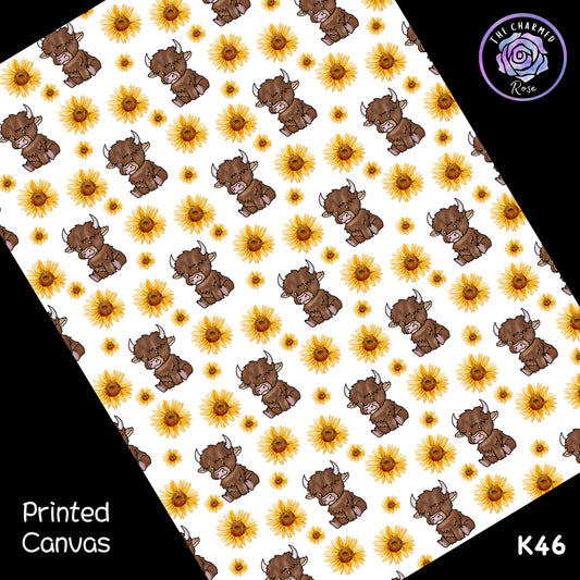 Sunflower Highland Cow Pattern - Printed Canvas