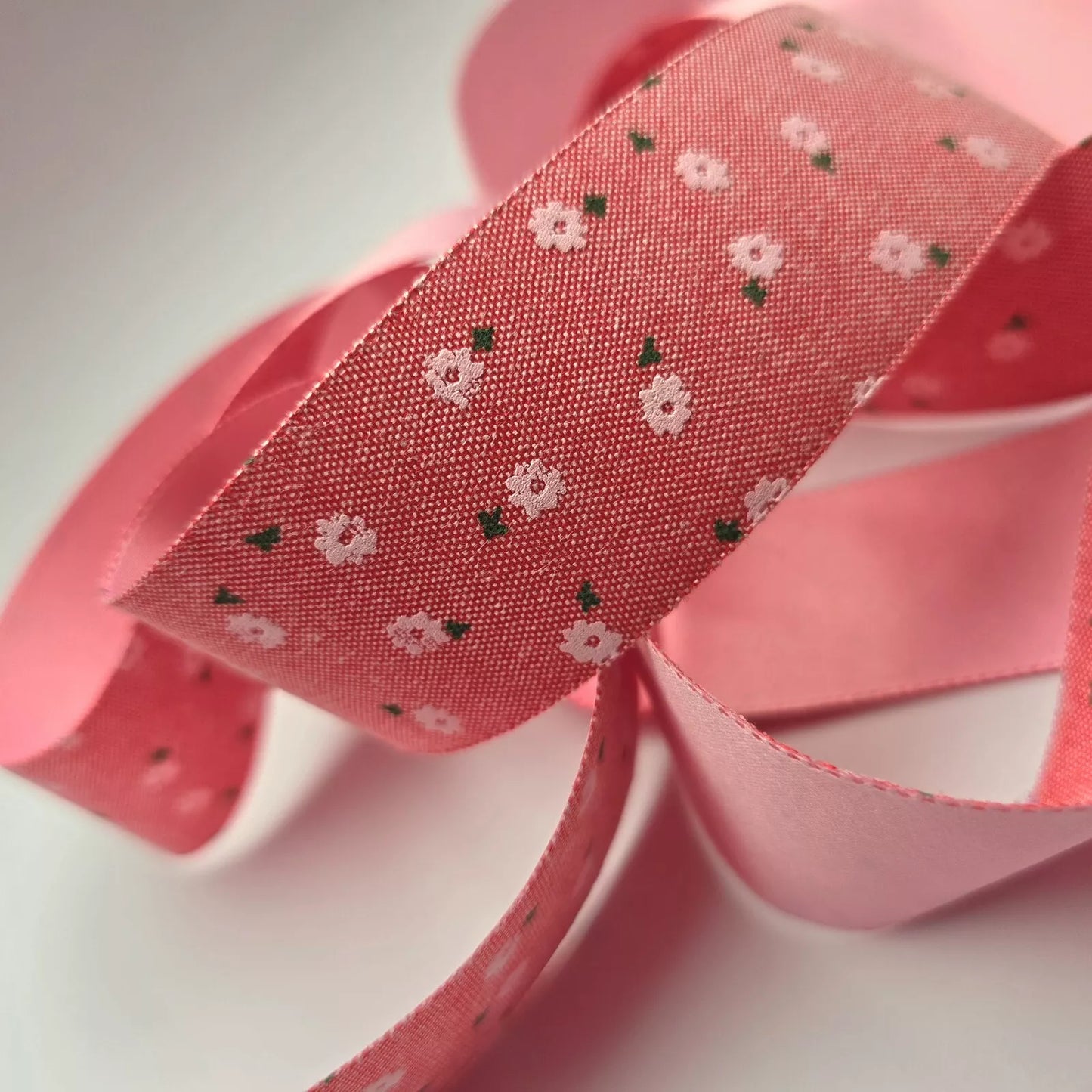 Linen Look Ribbon 38mm 1.5inch Ribbon - Pink Delicate Flower.