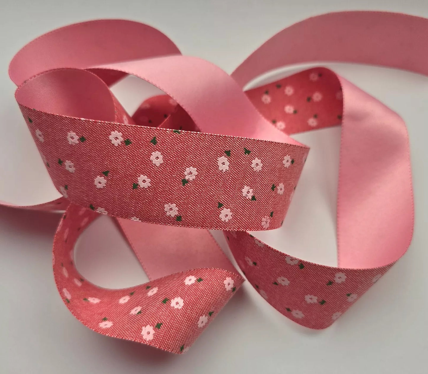 Linen Look Ribbon 38mm 1.5inch Ribbon - Pink Delicate Flower.