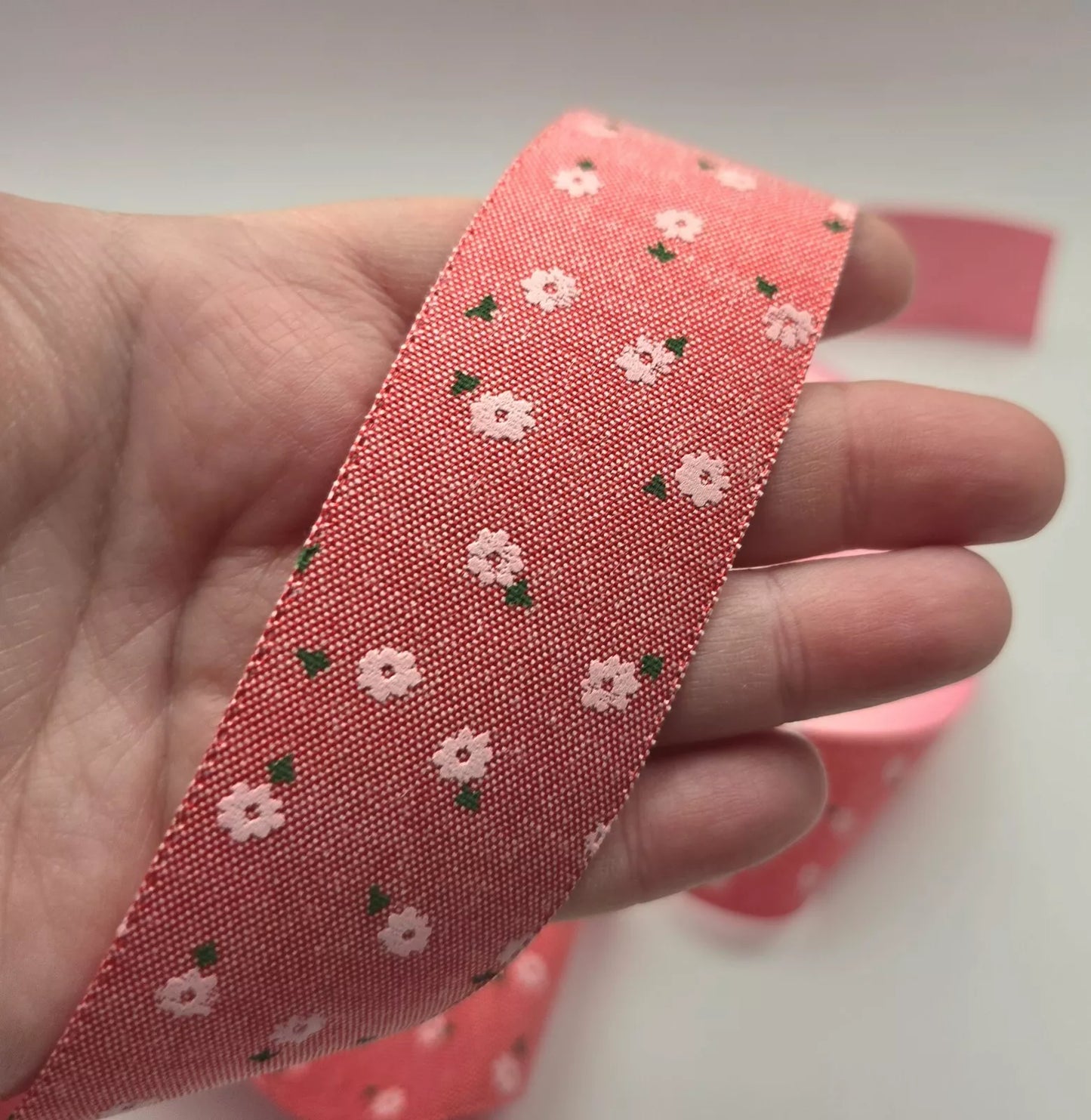 Linen Look Ribbon 38mm 1.5inch Ribbon - Pink Delicate Flower.