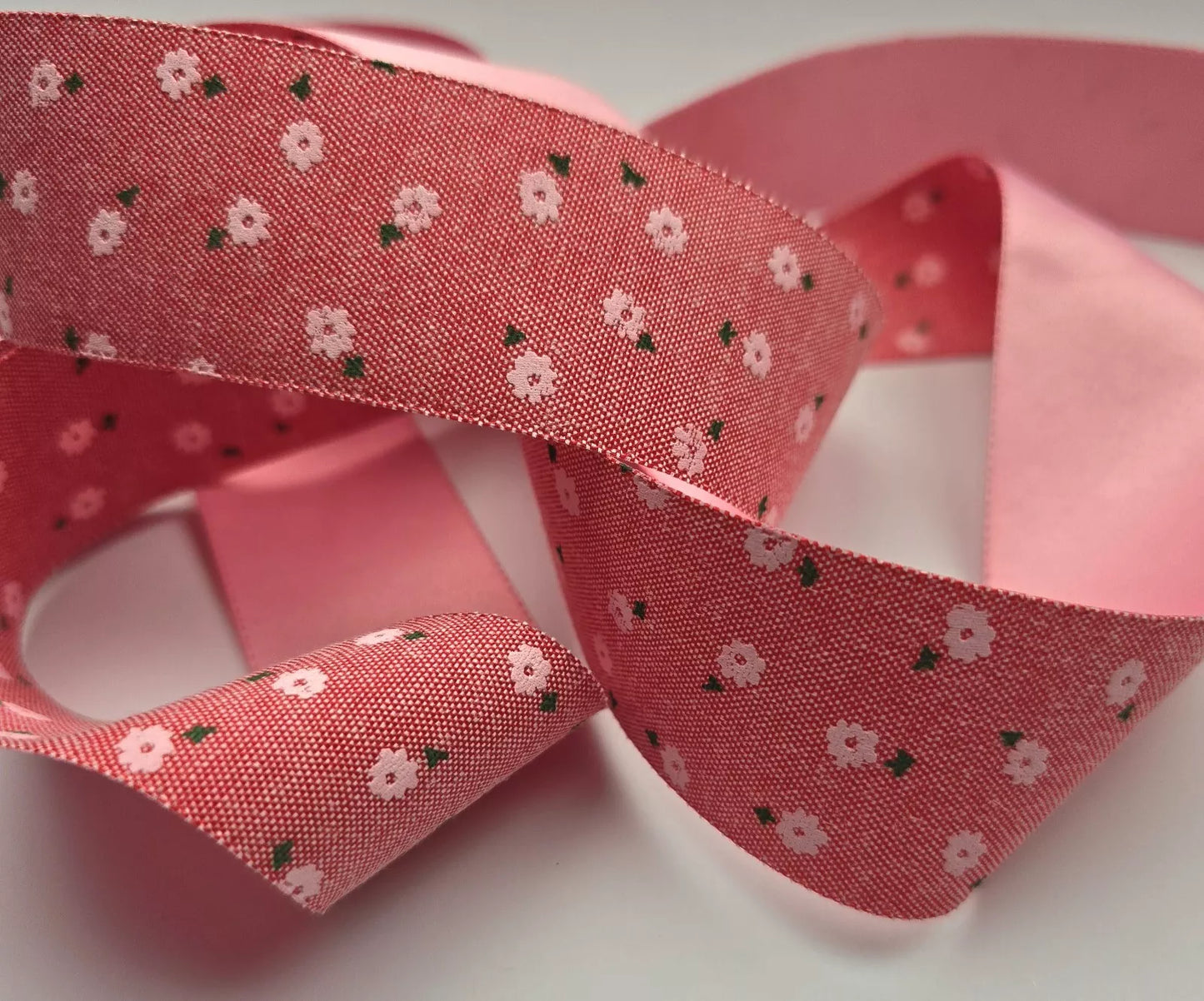 Linen Look Ribbon 38mm 1.5inch Ribbon - Pink Delicate Flower.