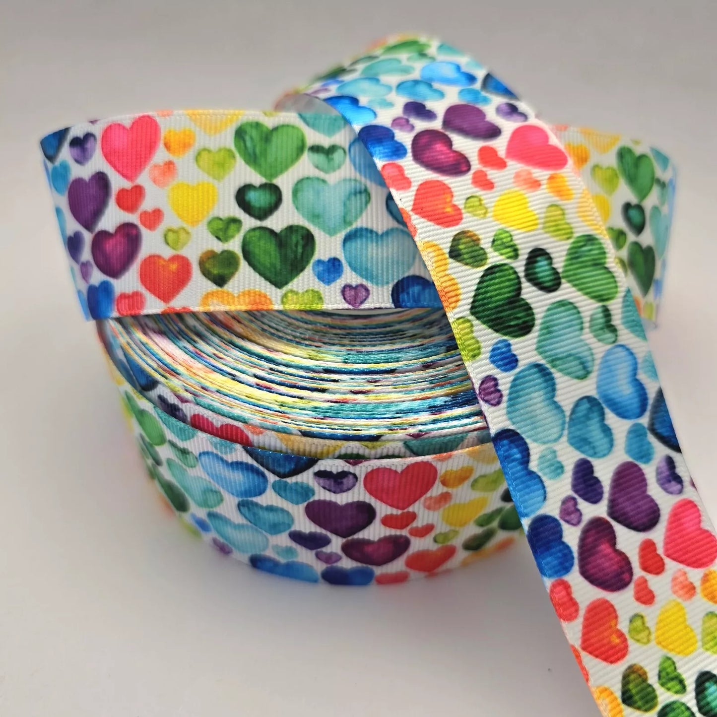 Grosgrain Ribbon 38mm 1.5inch Ribbon - Rainbow Hearts.