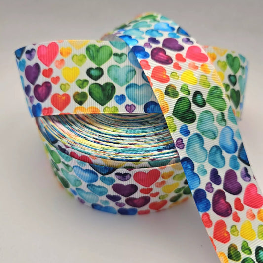 Grosgrain Ribbon 38mm 1.5inch Ribbon - Rainbow Hearts.