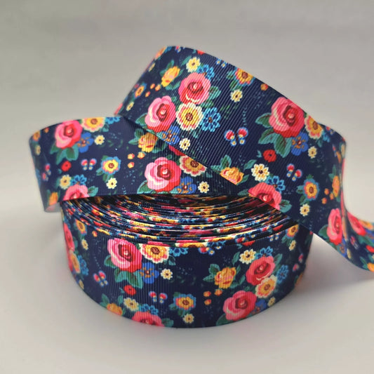 Grosgrain Ribbon 38mm 1.5inch Ribbon - Flowers on Navy.