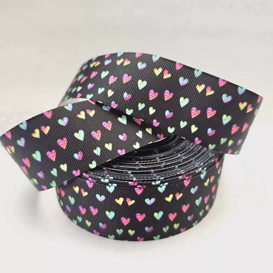 Grosgrain Ribbon 38mm 1.5inch Ribbon - Rainbow Hearts on Black.