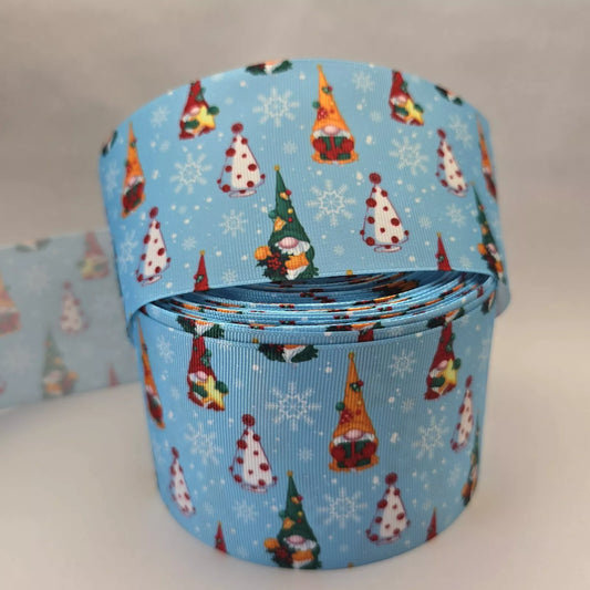 Grosgrain Ribbon 75mm 3inch Ribbon - Christmas Gonks on Blue.