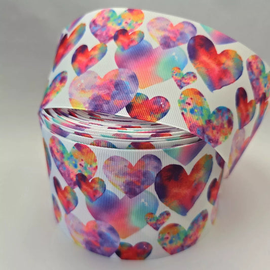 Grosgrain Ribbon 75mm 3inch Ribbon - Watercolour Hearts