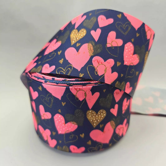 Grosgrain Ribbon 75mm 3inch Ribbon - Hearts on Navy.