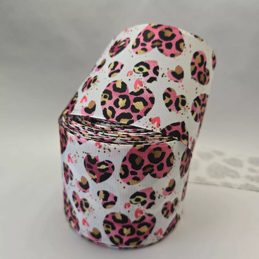 Grosgrain Ribbon 75mm 3inch Ribbon - Animal Print Hearts.