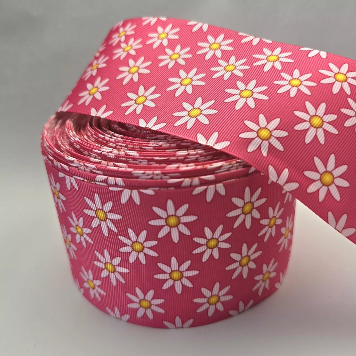 Grosgrain Ribbon 75mm 3inch Ribbon - Pink Daisy Flowers