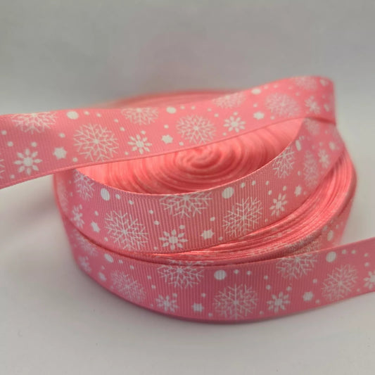 Grosgrain Ribbon 22mm Ribbon - Pink Snowflakes