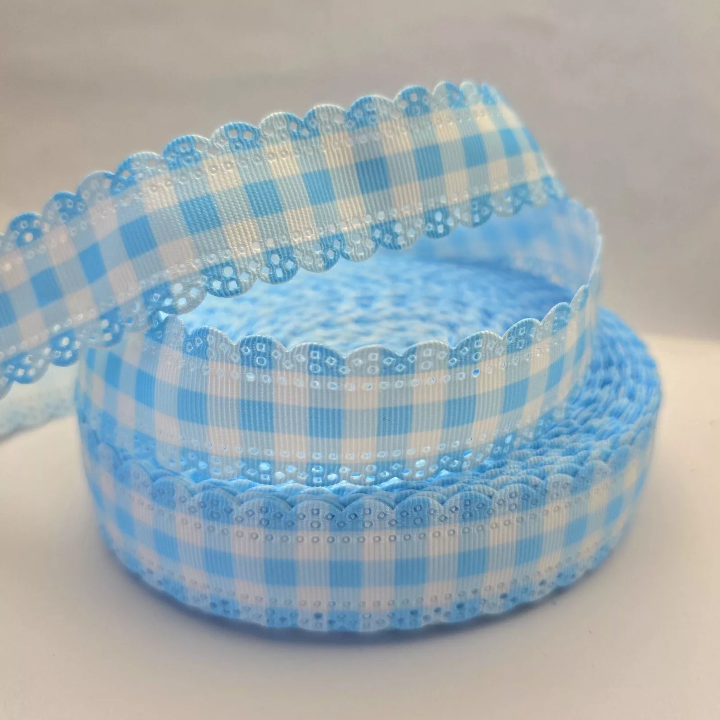 Grosgrain Ribbon 25mm 1inch Ribbon - Scalloped Edge Gingham - Light Blue