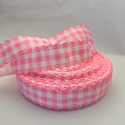 Grosgrain Ribbon 25mm 1inch Ribbon - Scalloped Edge Gingham - Pink