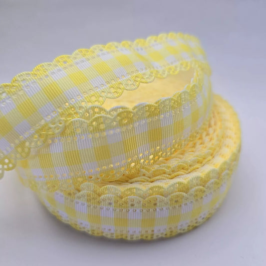 Grosgrain Ribbon 25mm 1inch Ribbon - Scalloped Edge Gingham - Yellow