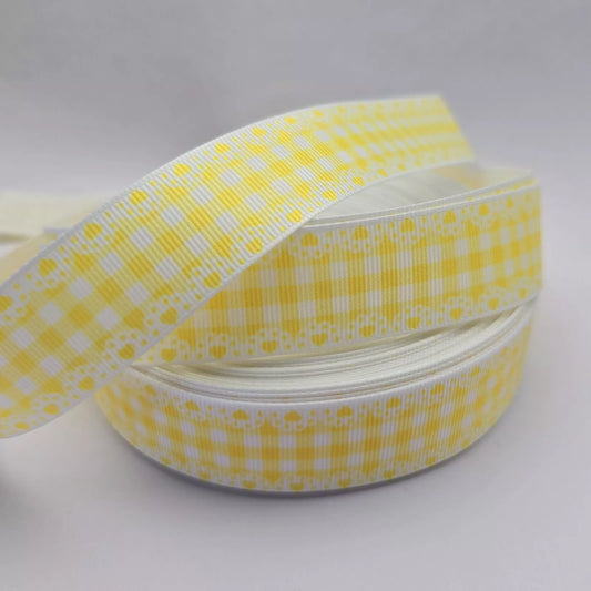 Grosgrain Ribbon 25mm 1inch Ribbon - Heart edge gingham - Yellow