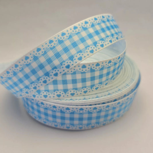 Grosgrain Ribbon 25mm 1inch Ribbon - Heart edge gingham - Light Blue